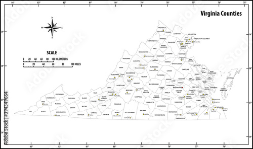 Virginia state outline administrative and political vector map in black and white