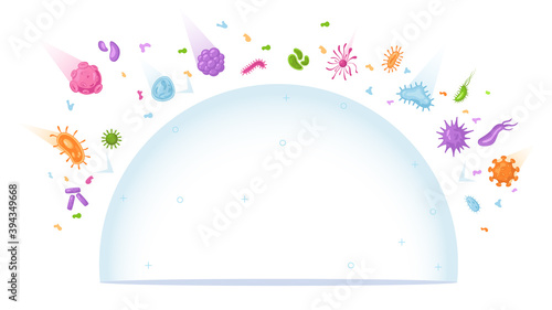 Protective sphere against viruses and bacteria probiotics from infections. Vector positive bacterium microorganisms, healthy microscopic cells and globe barrier. Vaccination protection from covid 2019
