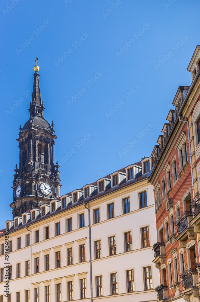 Historic houses and tower of the Dreikonigskirche church in Dresden, Germany