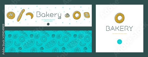 Bread seamless pattern with hand-drawn illustrations, culinary blog background. Vector flat bakery banners design and branding elements, bakery cards template for bread shop on light background.