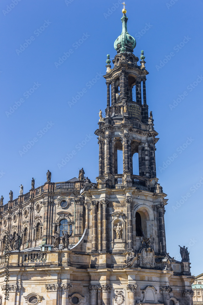 Tower of the catholic Hofkirche church in Dresden, Germany