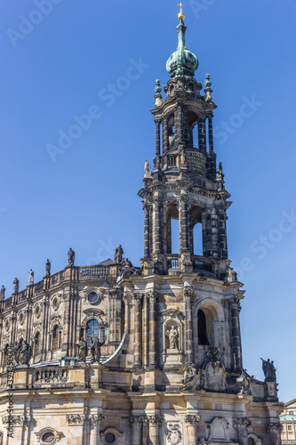Tower of the catholic Hofkirche church in Dresden, Germany © venemama