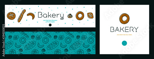 Bread seamless pattern with hand-drawn illustrations, culinary blog background. Vector flat bakery banners design and branding elements, bakery cards template for bread shop on light background.