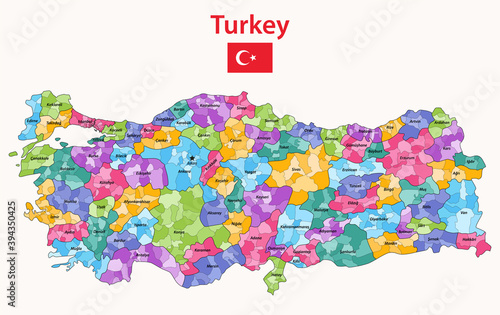 Turkey distrcts colored by provinces high detailed vector map