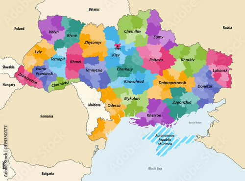 Ukraine regions (oblasts) with administrative divisions (raions) vector map with neighbouring countries and territories photo