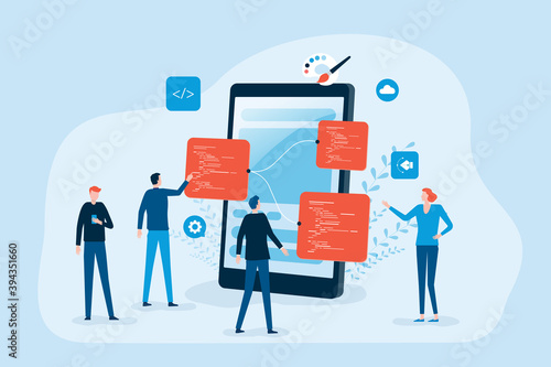 mobile application and web design development process with. group business team working and meeting 