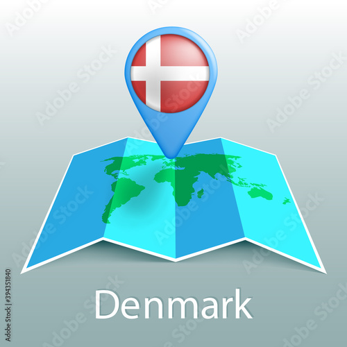 Denmark flag world map in pin with name of country