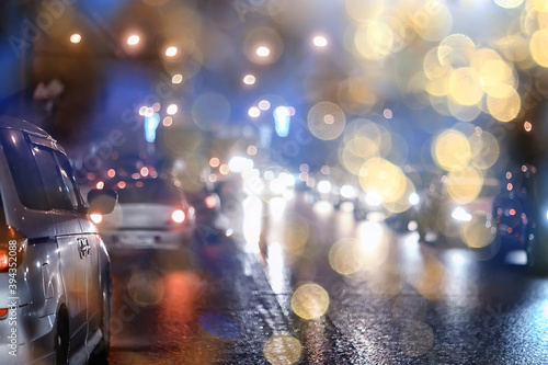 abstract blurred view of the night city from a car window, traffic in the city