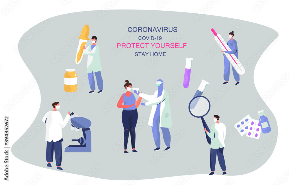 Expert Doctors Wearing Protective Suits and Help Patients with Coronavirus In Clinic.Measure Temperature and do Analyzes in Medical Masks.Coronavirus in Hospital.Stay Home.Flat Vector Illustration