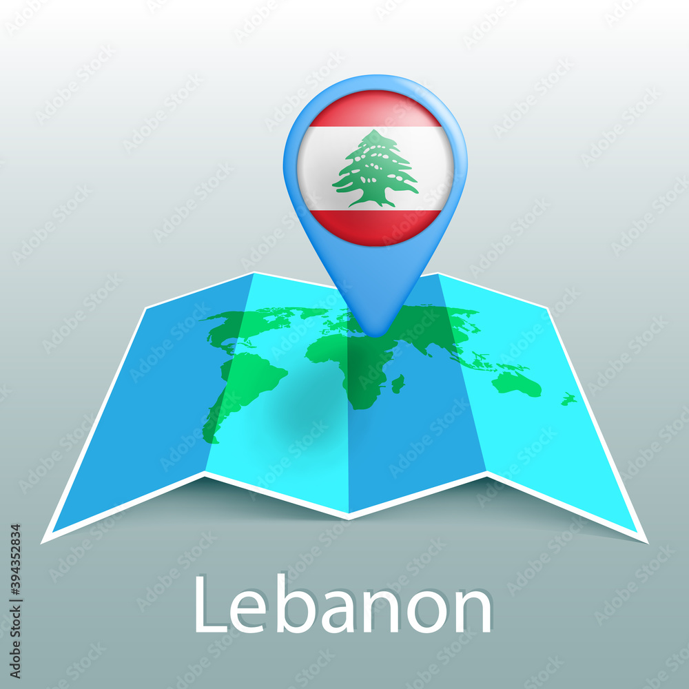 Lebanon flag world map in pin with name of country Lebanon flag world map in pin with name of country