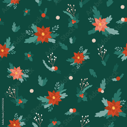 Christmas floral pattern. Colored illustration with holly flower, poinsettia, branches, leaves in beautiful compositions. Holiday design for invitation, banner, wrapping, textile, card.