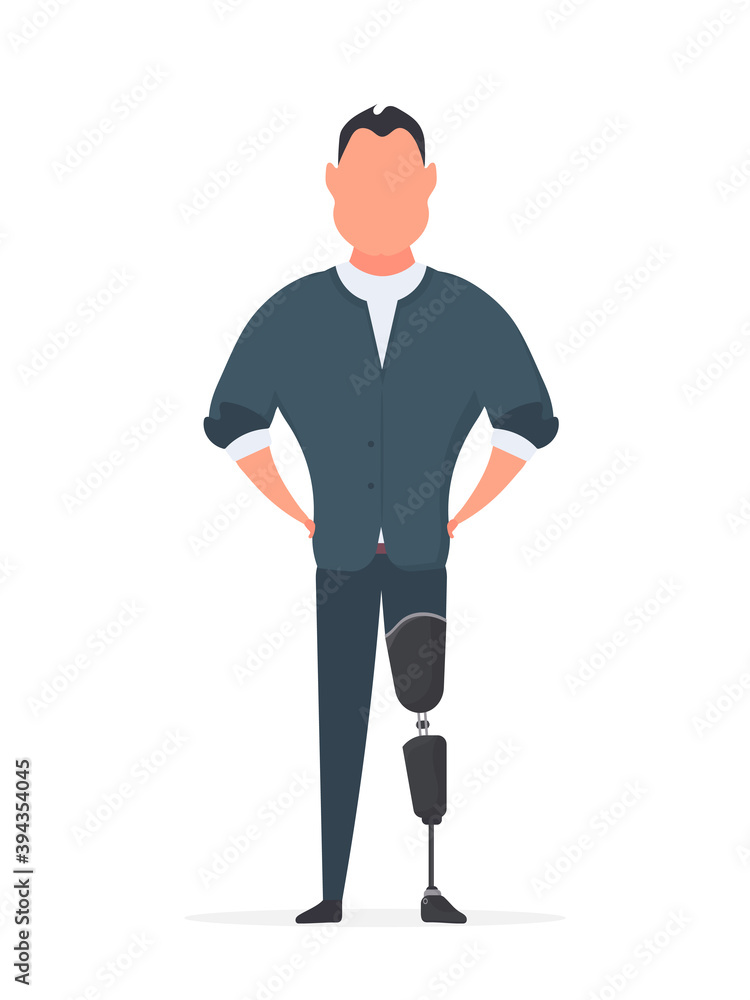 Disabled man with a prosthetic leg. Prosthesis, disabled person. Cartoon flat vector illustration Disabled man with a prosthetic leg. Prosthesis, disabled person. Cartoon flat vector illustration