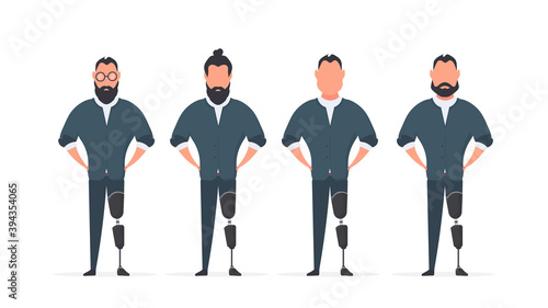 A set of men with prosthetic legs. People with disabilities. Vector.