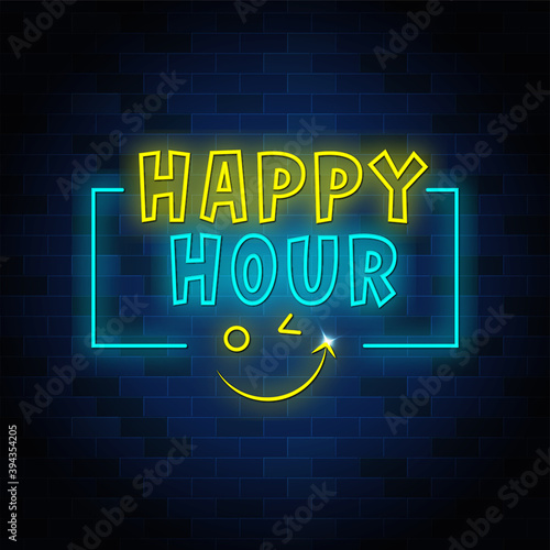 Valokuvatapetti Happy hour neon text sign