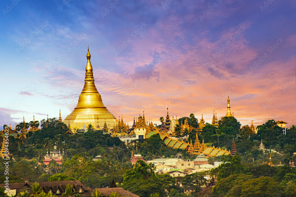 Beautiful sunrise over Shwedagon Pagoda in Yangon in Myanmar
