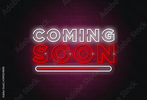 Red and white color coming soon neon text sign.