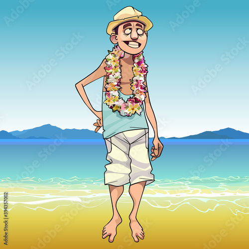 cartoon smiling male tourist wearing a flower necklace stands barefoot on the seashore