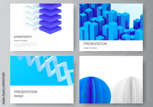 Vector layout of presentation slides design templates, template for presentation brochure, brochure cover, business report. 3d render vector composition with dynamic geometric blue shapes in motion.