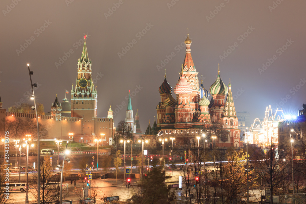 Moscow, Russia, Kremlin. St. Basil's catherdral, Spasskaya tower, Kremlin wall in night. View from Zaryadye park.