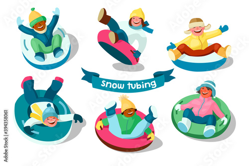 Happy cheerful children in winter outerwear sliding down on snow tubes. Cartoon vector illustration isolated on white background © Veronika