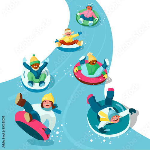 Boys and girls in winter clothes are having fun while sledding down the tubing hill on snow tubes. Winter activities on vacation. Cartoon vector illustration © Veronika