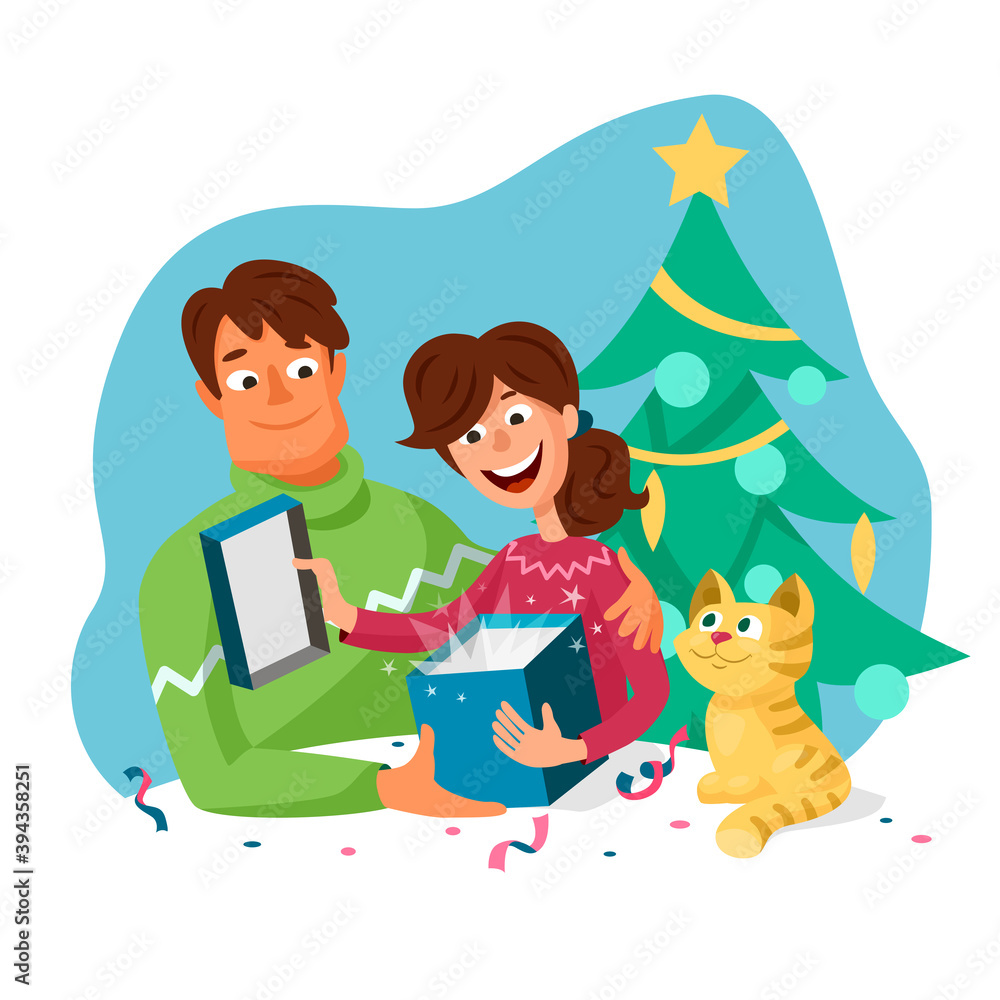 A couple man and woman in cozy sweaters open a Christmas present. Cute cat and Christmas tree. Cartoon illustration isolated on white background.
