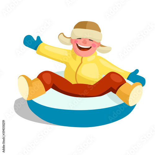 Happy boy in earflaps and winter outerwear sits in a inflatable snow tube. Cartoon vector illustration isolated on white background