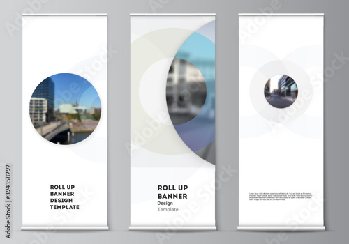 Vector layout of roll up mockup templates for vertical flyers, flags design templates, banner stands, advertising design mockups. Background template with rounds, circles for IT, technology.