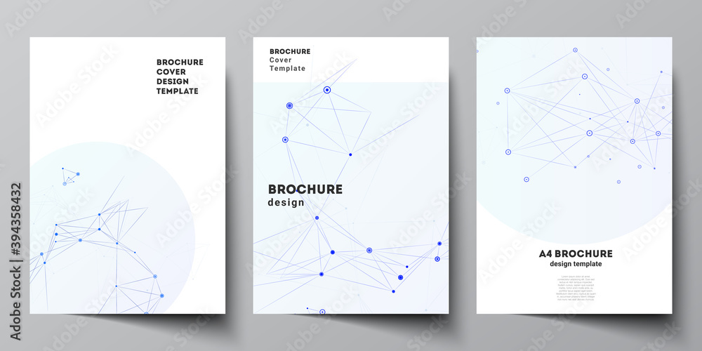 Vector layout of A4 format cover mockups templates for brochure, flyer layout, booklet, cover design, book design, brochure cover. Blue medical background with connecting lines and dots, plexus Vector layout of A4 format cover mockups templates for brochure, flyer layout, booklet, cover design, book design, brochure cover. Blue medical background with connecting lines and dots, plexus