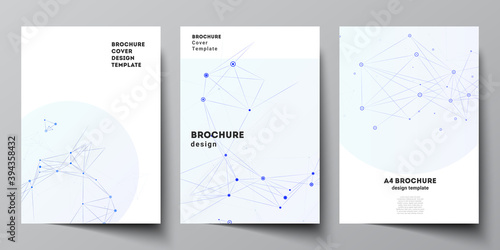 Vector layout of A4 format cover mockups templates for brochure, flyer layout, booklet, cover design, book design, brochure cover. Blue medical background with connecting lines and dots, plexus