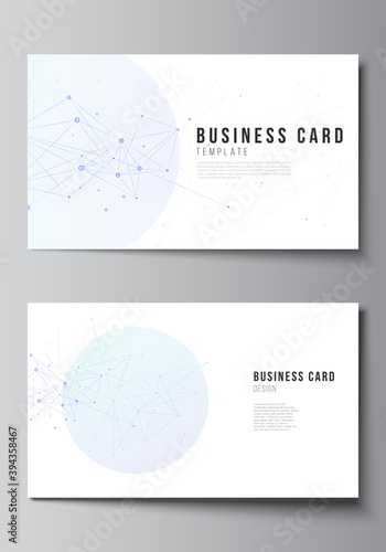 Vector layout of two creative business cards design templates, horizontal template vector design. Blue medical background with connecting lines and dots, plexus.