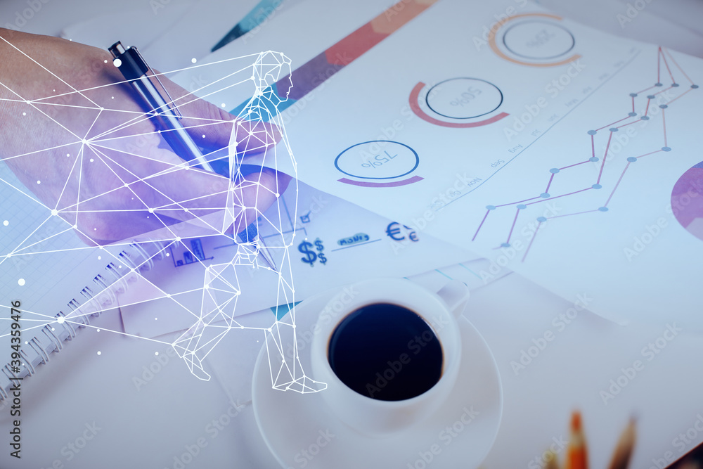 Creative start up concept hologram double exposure with human hand background. Creative start up concept hologram double exposure with human hand background.