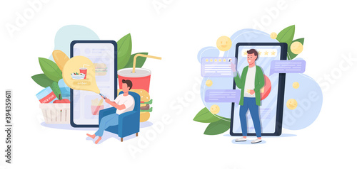 Online delivery service flat concept vector illustration set. Smartphone app. Grocery order. Fast food takeaway. Customer 2D cartoon characters for web design. Good feedback creative idea collection photo