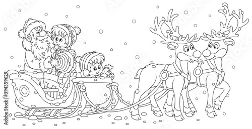 Santa Claus going to ride happy little kids in his magic sleigh with flying reindeers, black and white outline vector cartoon illustration for a coloring book page