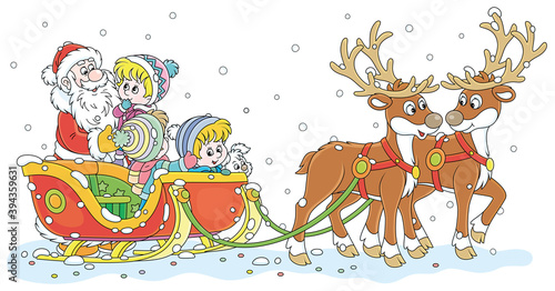 Santa Claus going to ride happy little kids in his magic sleigh with flying reindeers, vector cartoon illustration isolated on a white background