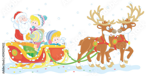 Santa Claus going to ride happy little kids in his magic sleigh with flying reindeers, vector cartoon illustration isolated on a white background