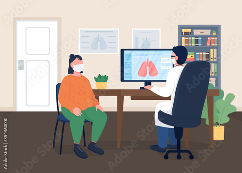 Doctor and patient in masks flat color vector illustration. Health examination. Chest medicine. Pneumology specialist and hospital visitor 2D cartoon characters with clinic interior on background