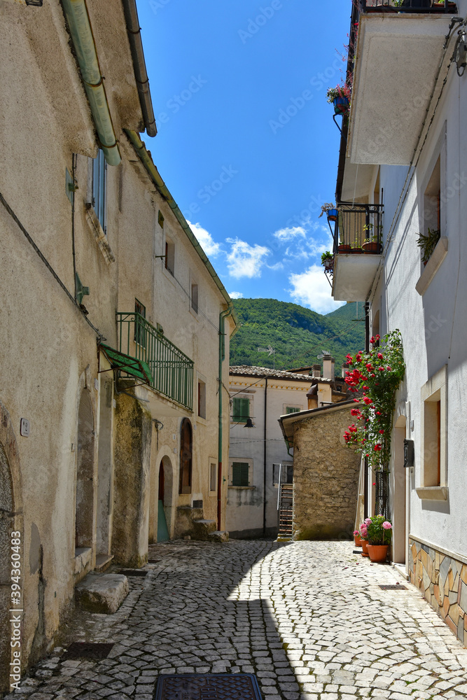 Obraz premium A narrow street among the old houses of Civitella Alfedena, a medieval village in the Abruzzo region, Italy.
