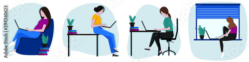 A selection of vector images of young female freelancers working on a laptop. Office worker at work. Online training remotely from home. 