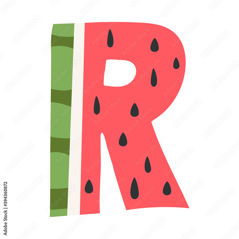 Watermelon in a form of letter R - fruit lettering design. Vector illustration. Watermelon in a form of letter R - fruit lettering design. Vector illustration.