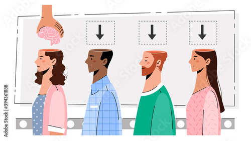 The hand puts the brain into the human head. The concept of modern education and people thinking.