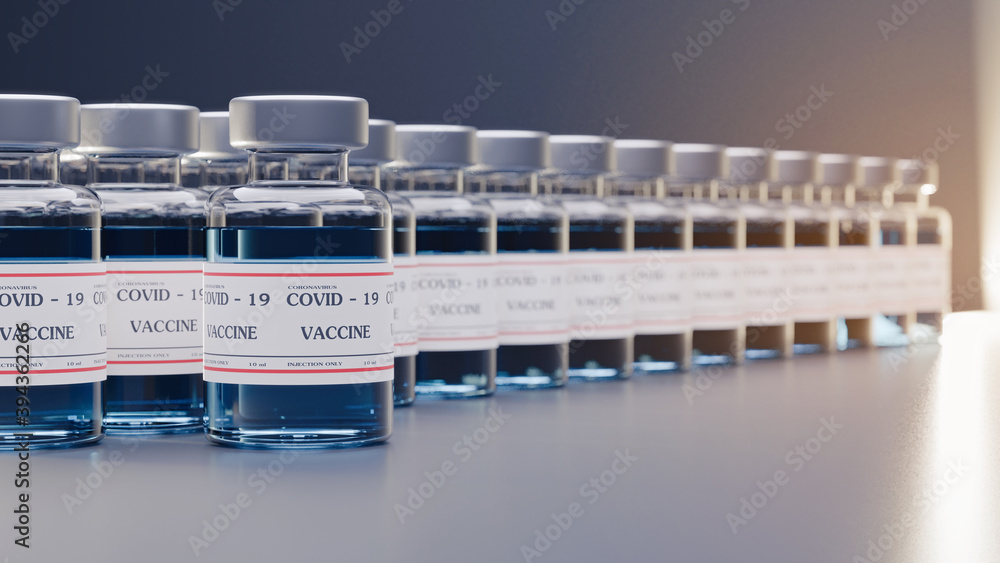 3D rendering COVIC-19 vaccine bottle For injections that are placed neatly 3D rendering COVIC-19 vaccine bottle For injections that are placed neatly
