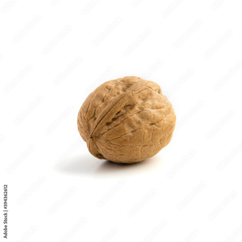 Single ripe whole walnut isolated on a white background. Nut macro. Healthy food concept. Beautiful organic nut. Vegetarian food. Square photo. Single ripe whole walnut isolated on a white background. Nut macro. Healthy food concept. Beautiful organic nut. Vegetarian food. Square photo.