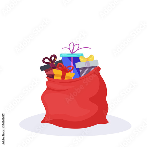 Vector illustration of festive red gift bag isolated on white background. Xmas/New Year celebration. Use for holiday promotion, banner, print, sale. Santa Christmas presents. Surprise design concept.