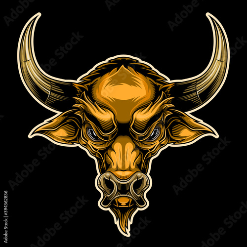Golden calf. Colorful vector illustration in stylish engraving technique of bull head. Isolated on black background.