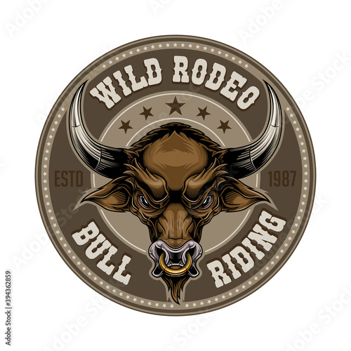 "Wild rodeo - bull riding" - label design. Colorful vector illustration in stylish engraving technique of brown bull head with gold ring in his nose.