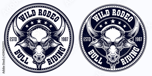 "Wild rodeo - bull riding" - label design. Vector illustration in stylish engraving technique of brown bull head with ring in his nose.