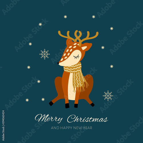 Cute cartoon reindeer in scarf. Christmas greeting card. Vector illustration.