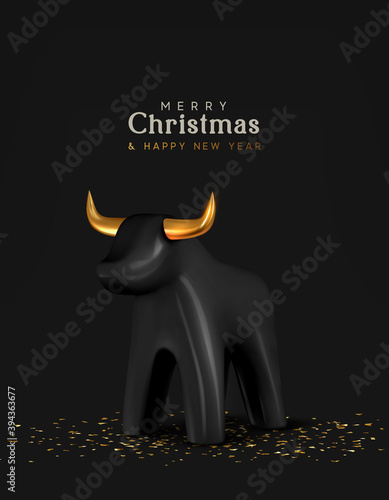 Christmas and New Year background. Porcelain black bull symbol of 2021. Holiday Greeting card, banner, poster. Vector illustration