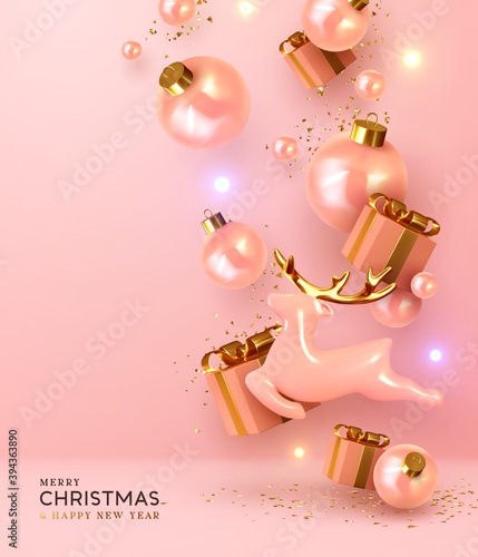 Merry Christmas and Happy New Year. Background with realistic festive gifts box. Porcelain figurines of beautiful pink deer. Xmas bauble balls. Holiday composition from render 3d objects.